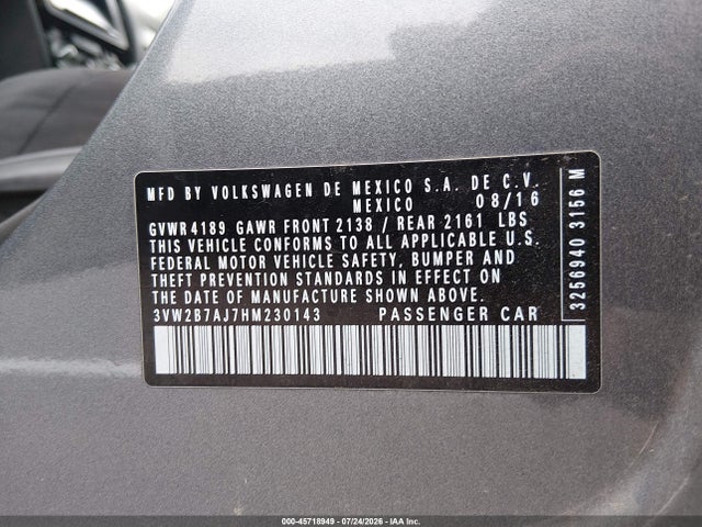 Aukcja sprzedaży 2017 Volkswagen Jetta 1.4t S, vin: 3VW2B7AJ7HM230143, numer aukcji: 45718949