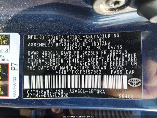 Продаж на аукціоні авто 2015 Toyota Camry Xle, vin: 4T4BF1FK0FR497883, номер лоту: 45718962