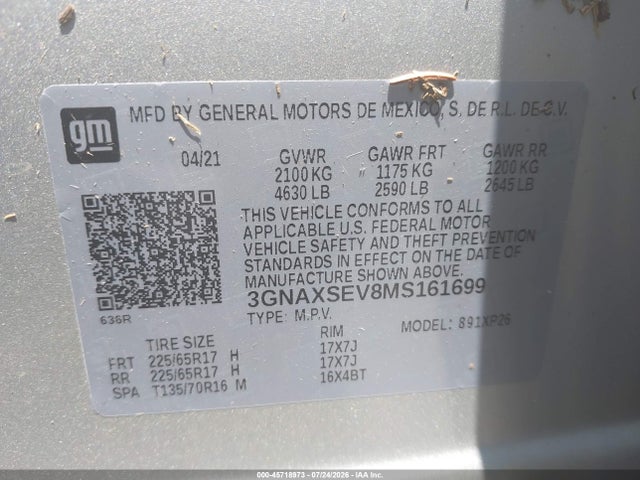 Aukcja sprzedaży 2021 Chevrolet Equinox Awd Ls, vin: 3GNAXSEV8MS161699, numer aukcji: 45718973