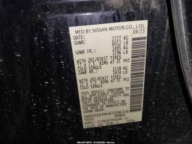 2023 Nissan Frontier Sv 4x4 მანქანა იყიდება აუქციონზე, vin: 1N6ED1EK4PN650616, აუქციონის ნომერი: 45718979