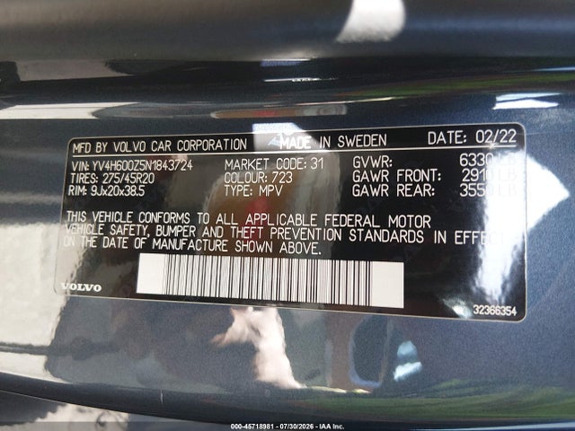 45718981 :رقم المزاد ، YV4H600Z5N1843724 vin ، 2022 Volvo Xc90 Recharge Plug-in Hybrid T8 Inscription Expression Extended Range 6p مزاد بيع