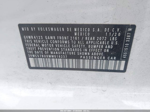 2021 Volkswagen Jetta 1.4t R-line/1.4t Se/s მანქანა იყიდება აუქციონზე, vin: 3VWC57BUXMM018237, აუქციონის ნომერი: 45718991