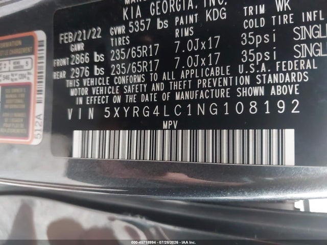 45718994 :رقم المزاد ، 5XYRG4LC1NG108192 vin ، 2022 Kia Sorento Lx مزاد بيع