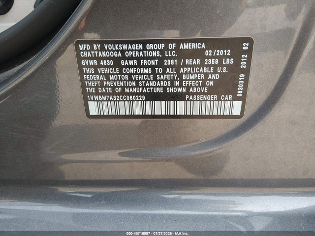 2012 Volkswagen Passat 3.6l V6 Se მანქანა იყიდება აუქციონზე, vin: 1VWBM7A32CC060229, აუქციონის ნომერი: 45718997