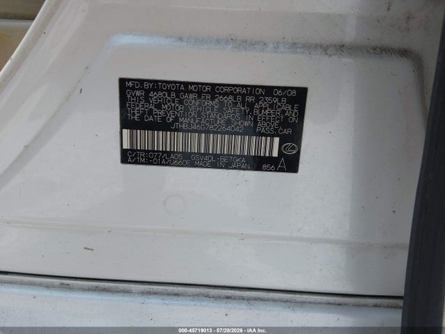 45719013 :رقم المزاد ، JTHBJ46G782264042 vin ، 2008 Lexus Es 350 مزاد بيع