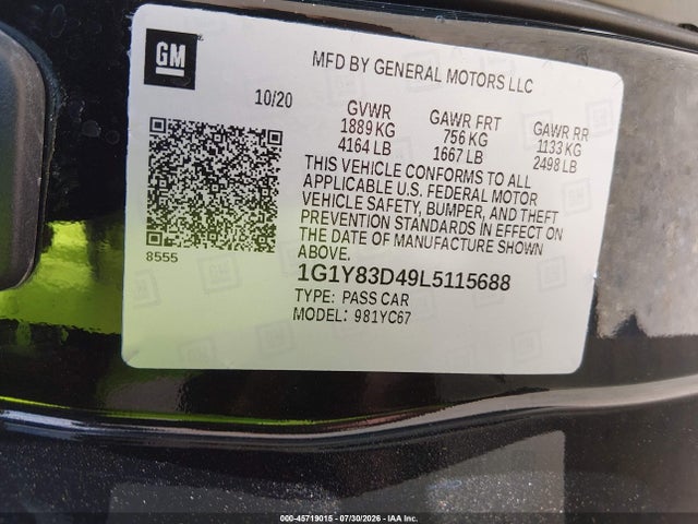 Продажа на аукционе авто 2020 Chevrolet Corvette Stingray, vin: 1G1Y83D49L5115688, номер лота: 45719015
