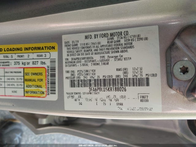2019 Ford Fusion Hybrid Se მანქანა იყიდება აუქციონზე, vin: 3FA6P0LU5KR188026, აუქციონის ნომერი: 45719026