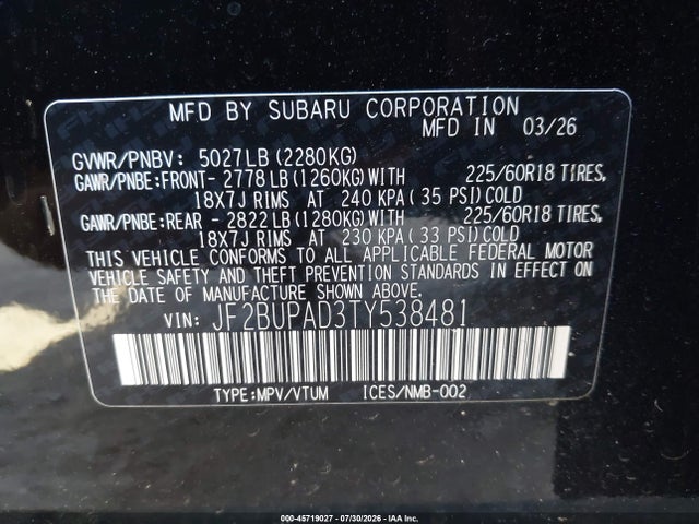 Продажа на аукционе авто 2026 Subaru Outback Premium, vin: JF2BUPAD3TY538481, номер лота: 45719027
