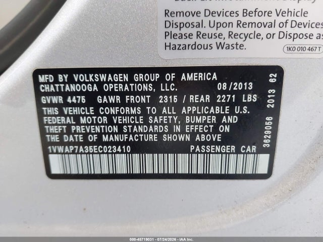 45719031 :رقم المزاد ، 1VWAP7A35EC023410 vin ، 2014 Volkswagen Passat 2.5l S مزاد بيع