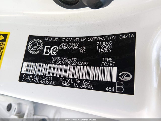 Продажа на аукционе авто 2016 Lexus Es 350, vin: JTHBK1GG8G2243693, номер лота: 45719037