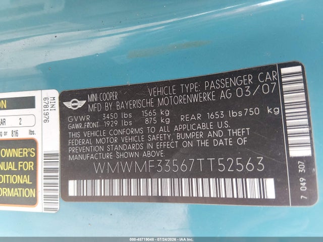45719048 :رقم المزاد ، WMWMF33567TT52563 vin ، 2007 Mini Cooper مزاد بيع