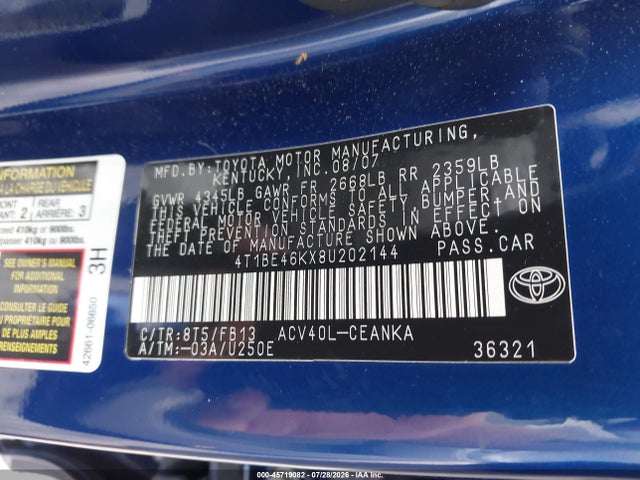 2008 Toyota Camry Le მანქანა იყიდება აუქციონზე, vin: 4T1BE46KX8U202144, აუქციონის ნომერი: 45719082