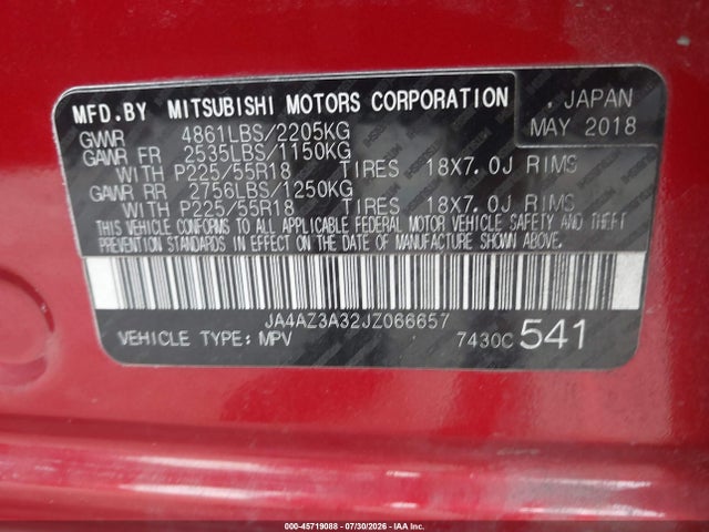 2018 Mitsubishi Outlander Es მანქანა იყიდება აუქციონზე, vin: JA4AZ3A32JZ066657, აუქციონის ნომერი: 45719088