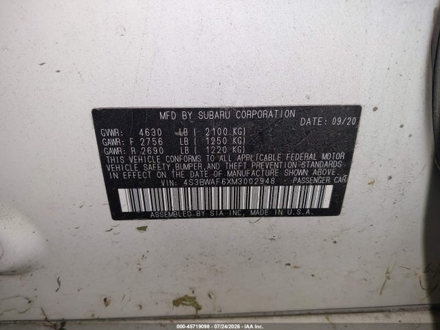 Aukcja sprzedaży 2021 Subaru Legacy Premium, vin: 4S3BWAF6XM3002948, numer aukcji: 45719098