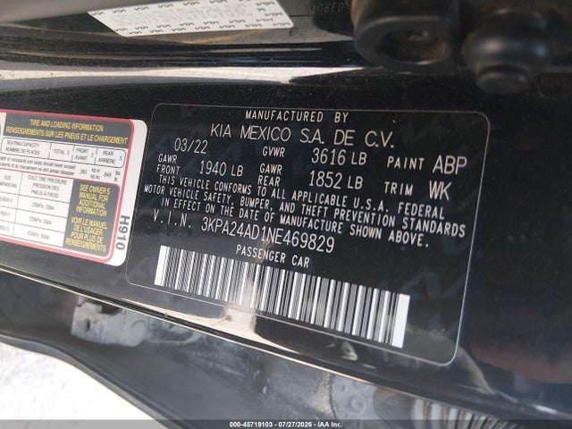 Aukcja sprzedaży 2022 Kia Rio Lx, vin: 3KPA24AD1NE469829, numer aukcji: 45719103