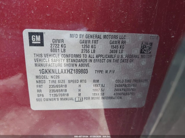 Aukcja sprzedaży 2017 Gmc Acadia Sle-2, vin: 1GKKNLLAXHZ189803, numer aukcji: 45719104