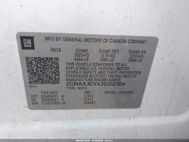 Продажа на аукционе авто 2018 Chevrolet Equinox Lt, vin: 2GNAXJEVXJ6352304, номер лота: 45719107