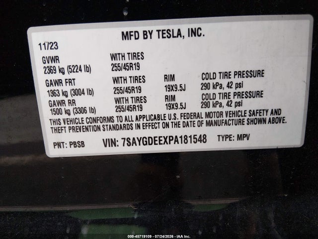 Продажа на аукционе авто 2023 Tesla Model Y Awd/long Range Dual Motor All-wheel Drive, vin: 7SAYGDEEXPA181548, номер лота: 45719109
