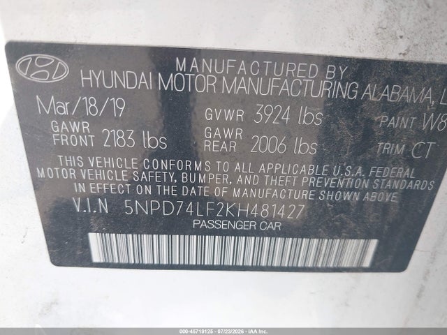 5NPD74LF2KH481427 Hyundai ELANTRA SE