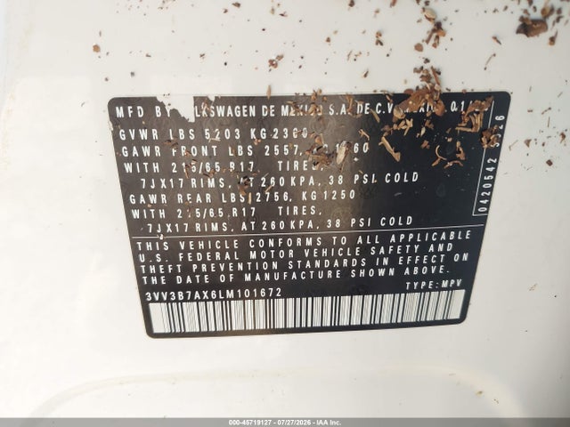 2020 Volkswagen Tiguan მანქანა იყიდება აუქციონზე, vin: 3VV3B7AX6LM101672, აუქციონის ნომერი: 45719127