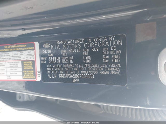 45719139 :رقم المزاد ، KNDJP3A58G7330630 vin ، 2016 Kia Soul + مزاد بيع