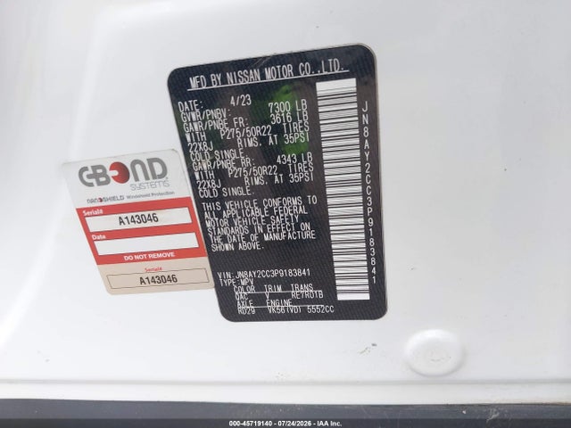 Продажа на аукционе авто 2023 Nissan Armada Platinum 2wd, vin: JN8AY2CC3P9183841, номер лота: 45719140
