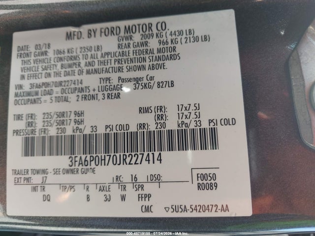 Ford FUSION SE 2018 3FA6P0H70JR227414 Image 9
