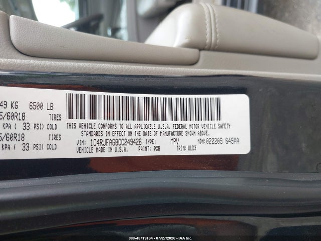 45719164 :رقم المزاد ، 1C4RJFAG8CC249426 vin ، 2012 Jeep Grand Cherokee Laredo مزاد بيع