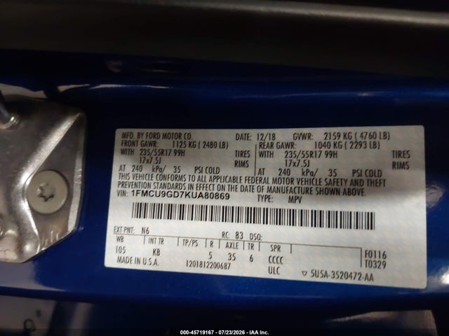 1FMCU9GD7KUA80869 Ford ESCAPE SE