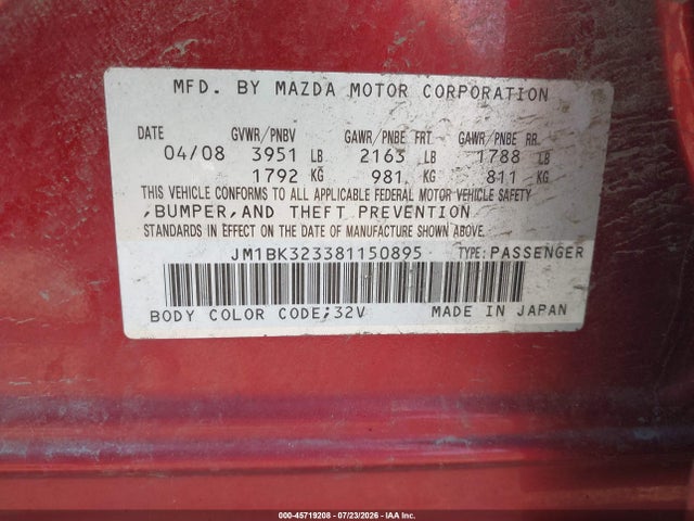 2008 Mazda Mazda3 S Grand Touring მანქანა იყიდება აუქციონზე, vin: JM1BK323381150895, აუქციონის ნომერი: 45719208