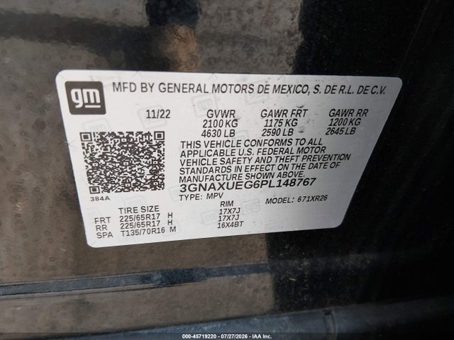 Aukcja sprzedaży 2023 Chevrolet Equinox Awd Lt, vin: 3GNAXUEG6PL148767, numer aukcji: 45719220
