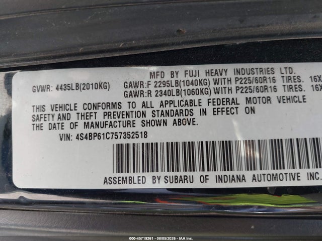 2005 Subaru Outback 2.5i მანქანა იყიდება აუქციონზე, vin: 4S4BP61C757352518, აუქციონის ნომერი: 45719261