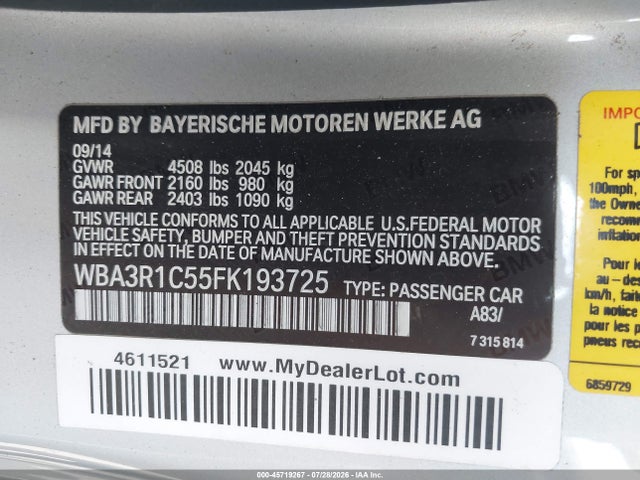 Продаж на аукціоні авто 2015 Bmw 435i, vin: WBA3R1C55FK193725, номер лоту: 45719267