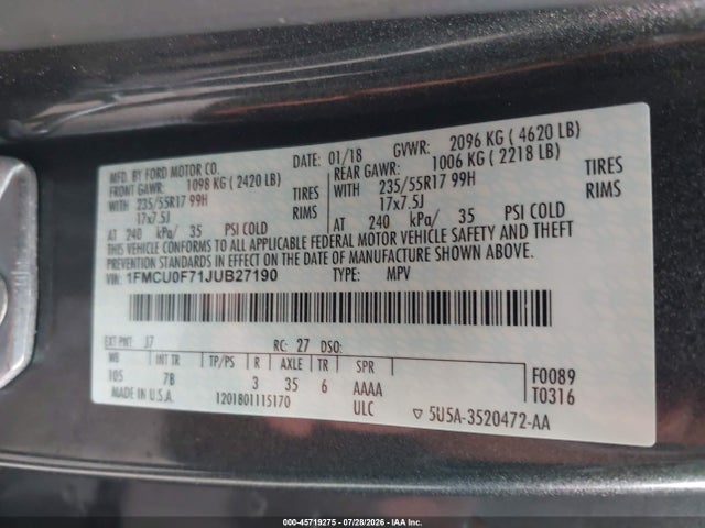45719275 :رقم المزاد ، 1FMCU0F71JUB27190 vin ، 2018 Ford Escape S مزاد بيع