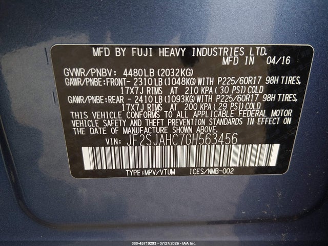 45719293 :رقم المزاد ، JF2SJAHC7GH563456 vin ، 2016 Subaru Forester 2.5i Limited مزاد بيع