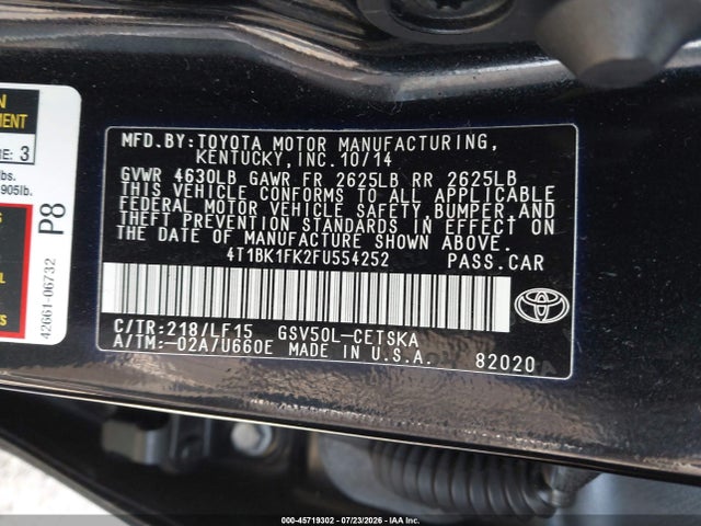 4T1BK1FK2FU554252 Toyota Camry Xse V6