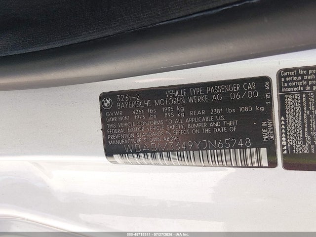 Aukcja sprzedaży 2000 Bmw 323ci, vin: WBABM3349YJN65248, numer aukcji: 45719311