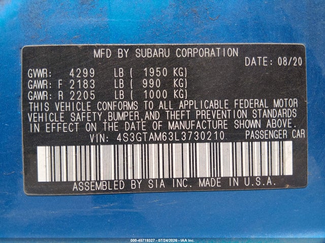 45719327 :رقم المزاد ، 4S3GTAM63L3730210 vin ، 2020 Subaru Impreza Sport 5-door مزاد بيع