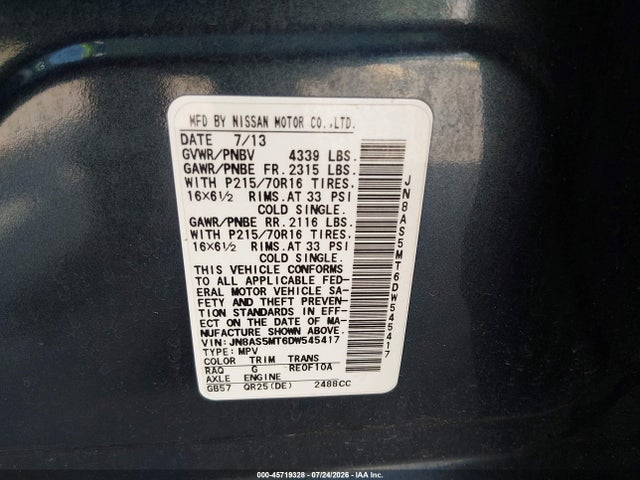 2013 Nissan Rogue S მანქანა იყიდება აუქციონზე, vin: JN8AS5MT6DW545417, აუქციონის ნომერი: 45719328