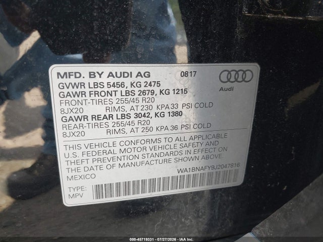 Продажа на аукционе авто 2018 Audi Q5 2.0t Premium, vin: WA1BNAFY9J2047816, номер лота: 45719331