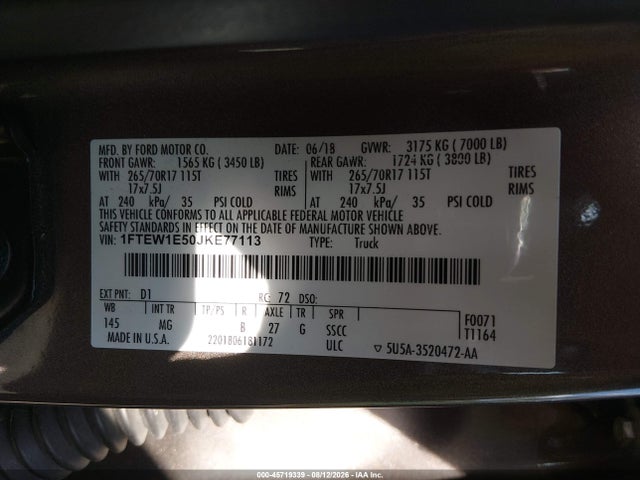 45719339 :رقم المزاد ، 1FTEW1E50JKE77113 vin ، 2018 Ford F-150 Xlt مزاد بيع