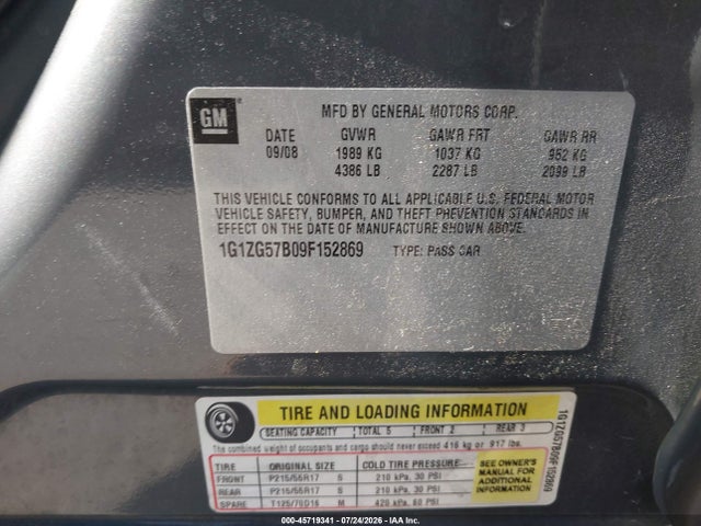 2009 Chevrolet Malibu Ls მანქანა იყიდება აუქციონზე, vin: 1G1ZG57B09F152869, აუქციონის ნომერი: 45719341
