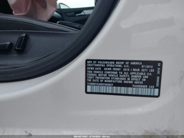 45719361 :رقم المزاد ، 1VWBH7A33DC003527 vin ، 2013 Volkswagen Passat 2.5l Se مزاد بيع