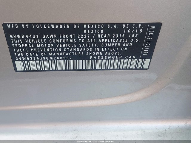 Aukcja sprzedaży 2016 Volkswagen Jetta Hybrid Sel Premium, vin: 3VW637AJ9GM268597, numer aukcji: 45719389