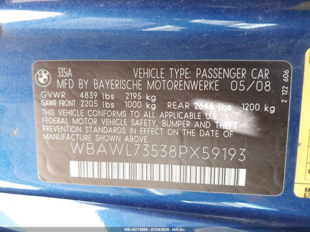Продаж на аукціоні авто 2008 Bmw 335i, vin: WBAWL73538PX59193, номер лоту: 45719390