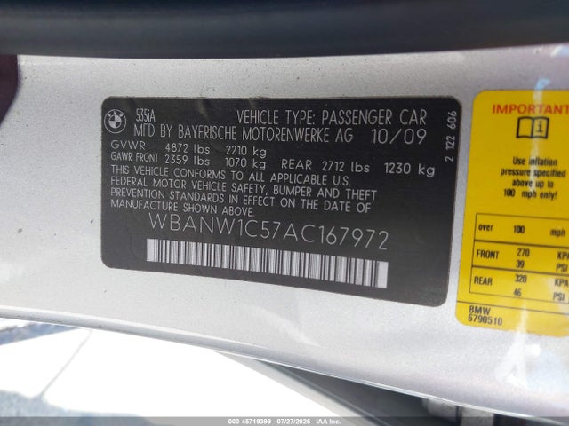 Продажа на аукционе авто 2010 Bmw 535i, vin: WBANW1C57AC167972, номер лота: 45719399
