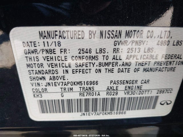 Продажа на аукционе авто 2019 Infiniti Q50 3.0t Luxe, vin: JN1EV7AP0KM516966, номер лота: 45719416
