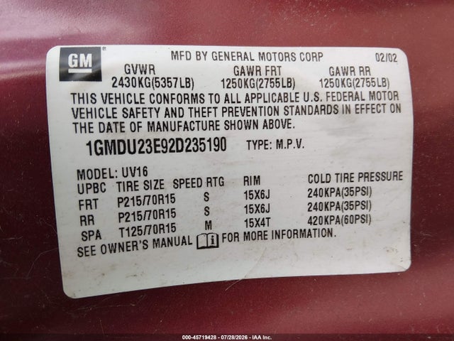 45719428 :رقم المزاد ، 1GMDU23E92D235190 vin ، 2002 Pontiac Montana V16 مزاد بيع