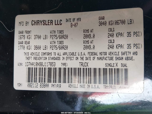 45719431 :رقم المزاد ، 1D7HA18N98J117853 vin ، 2008 Dodge Ram 1500 Slt مزاد بيع