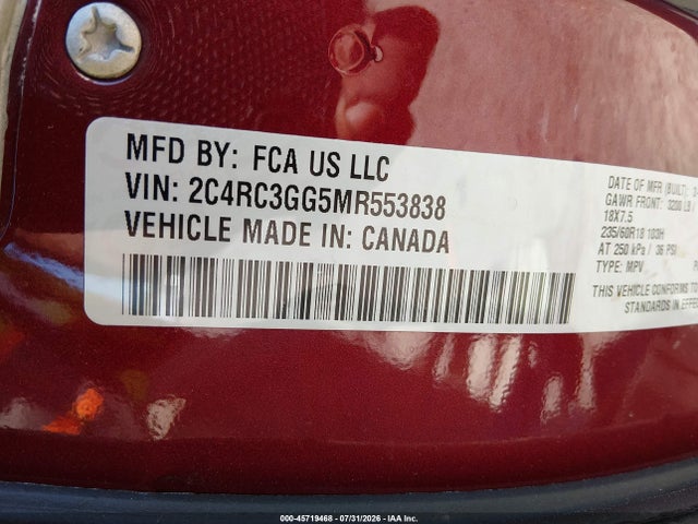 45719468 :رقم المزاد ، 2C4RC3GG5MR553838 vin ، 2021 Chrysler Pacifica Limited Awd مزاد بيع